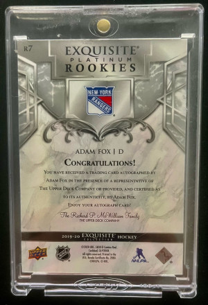 2019 Exquisite Collection Adam Fox Platinum Rookies Auto /199 back